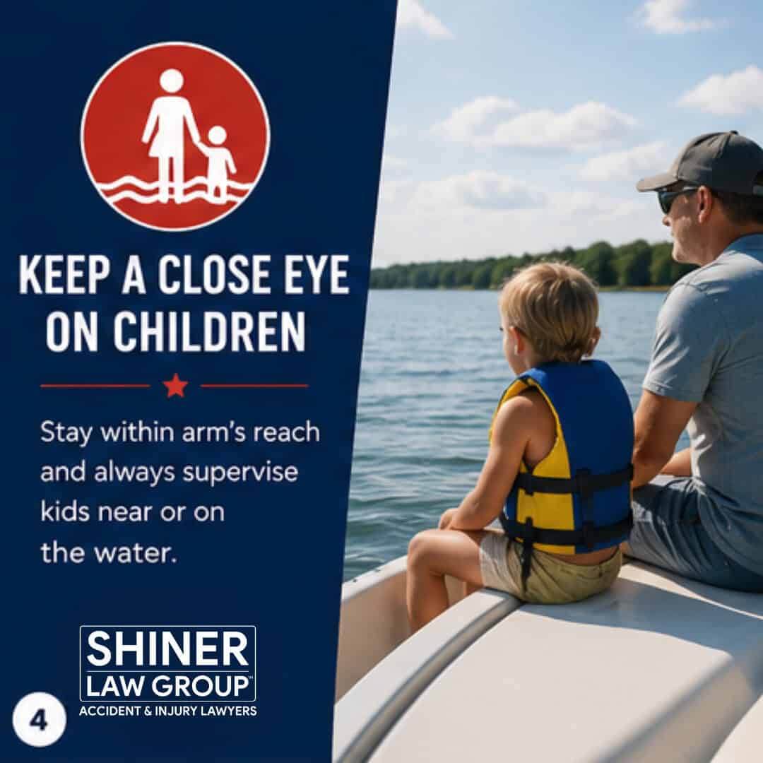 Father watching child on boat — keep a close eye on children near water — Shiner Law Group