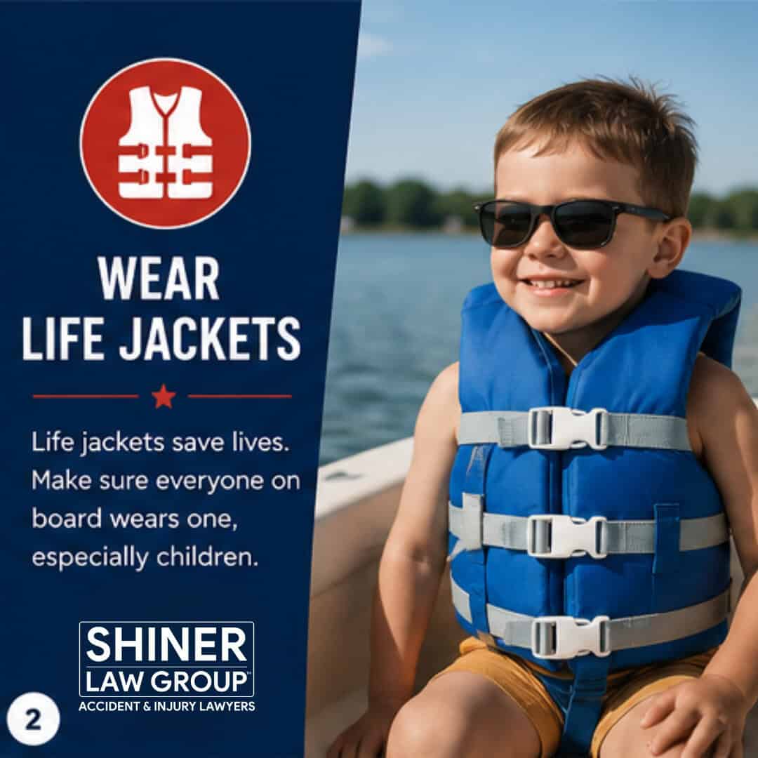 Child wearing a life jacket on a boat — Shiner Law Group boating safety