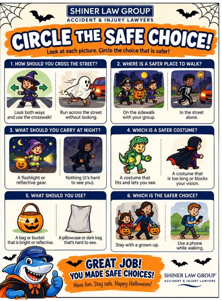 Circle the Safe Choice - printable Halloween safety activity sheet for kids by Shiner Law Group
