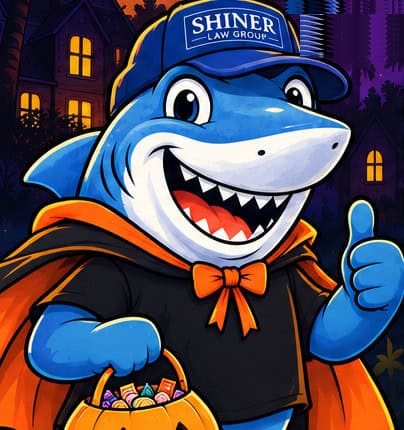 Sharky, the Shiner Law Group mascot, dressed for Halloween with a candy bucket