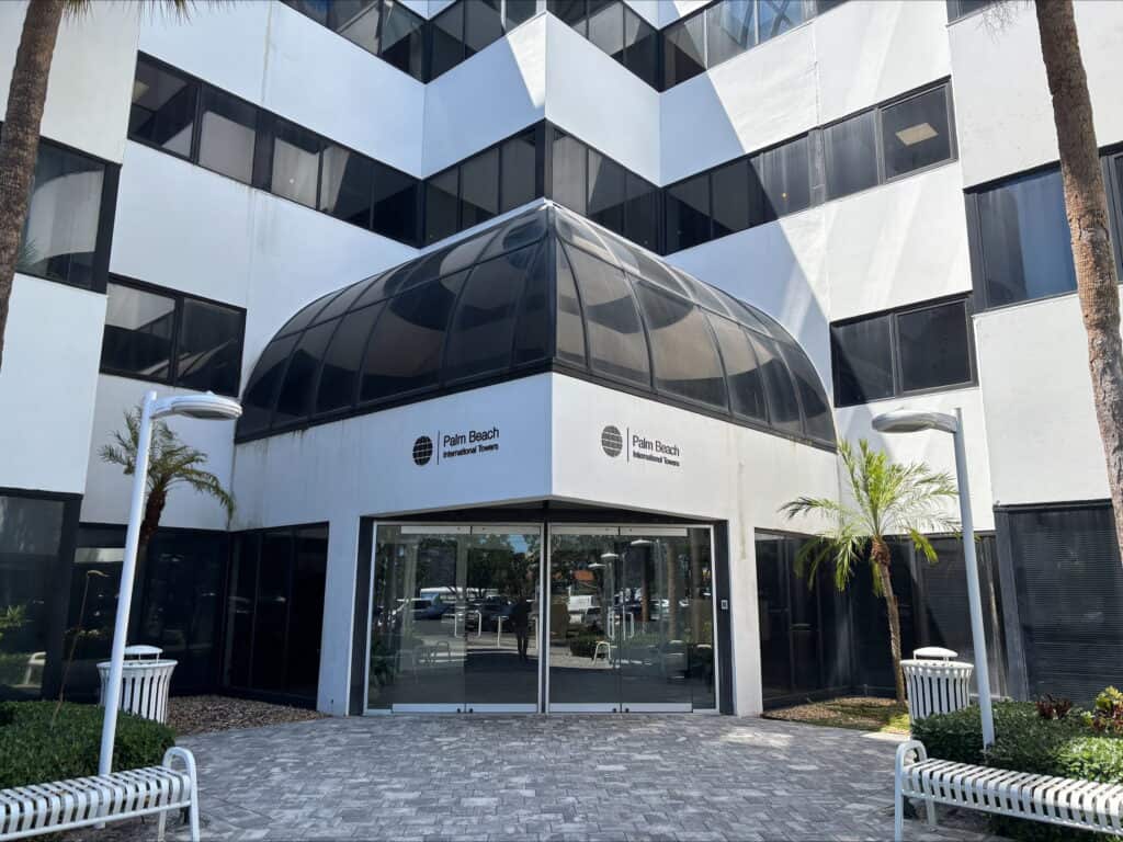 Main entrance of Palm Beach International Towers in West Palm Beach